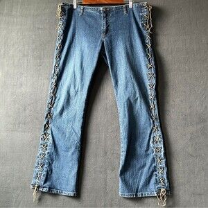 Lace Up Blue Jeans Mid Rise Bootcut Retro Groovy 90s Y2K Bailey Point - Size 16